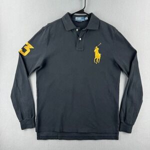 Polo Ralph Lauren Shirt Mens Medium Black Cotton Polo Rugby Big Pony Long Sleeve